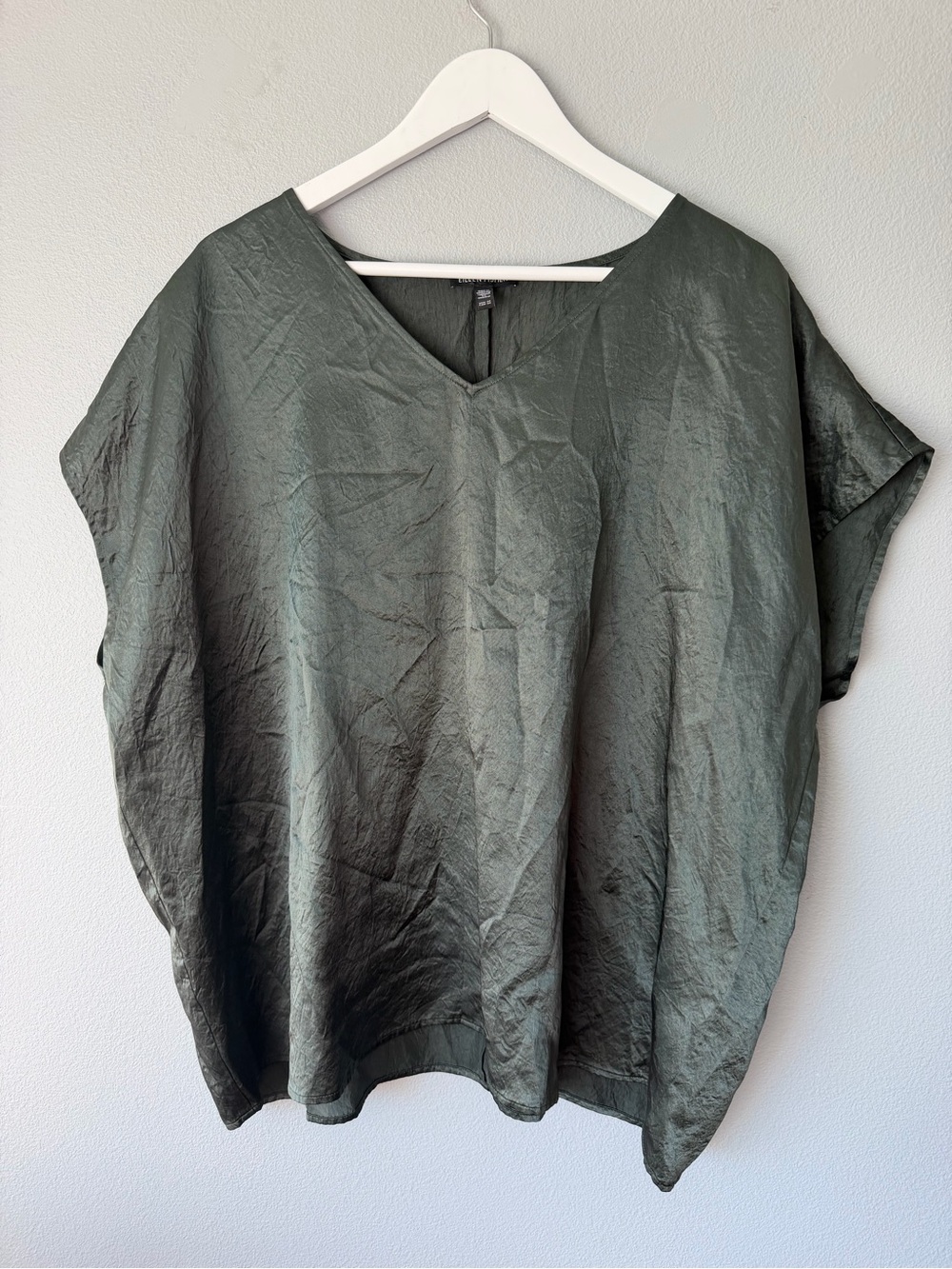Eileen Fisher dark green boxy acetate cap sleeve satiny blouse Women’s sz 3X